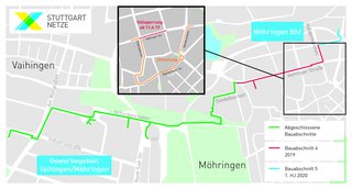 Die Karte zeigt die unterschiedlichen Bauabschnitte des Großprojekts der Stuttgart Netze. Die Karte zeigt die unterschiedlichen Bauabschnitte des Großprojekts der Stuttgart Netze.