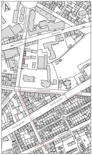 Der Bereich der Baustelle ist mit roten Linien gekennzeichnet. Baustelle Stuttgart Netze Schwarenbergstraße