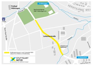 Bei günstigen Wetterbedingungen führt die Stuttgart Netze die Arbeiten am Straßenbelag am Wochenende des 4. und 5. Novembers 2023. Die Lohäckerstraße muss deshalb voll gesperrt werden. 2023-10-19_SN_Karte_Lohäckerstraße.jpg